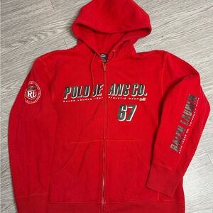 2000s POLO RALPH LAUREN JEANS Y2K PATCH ZIP UP HOODIE SPELL OUT SZ MEDIUM